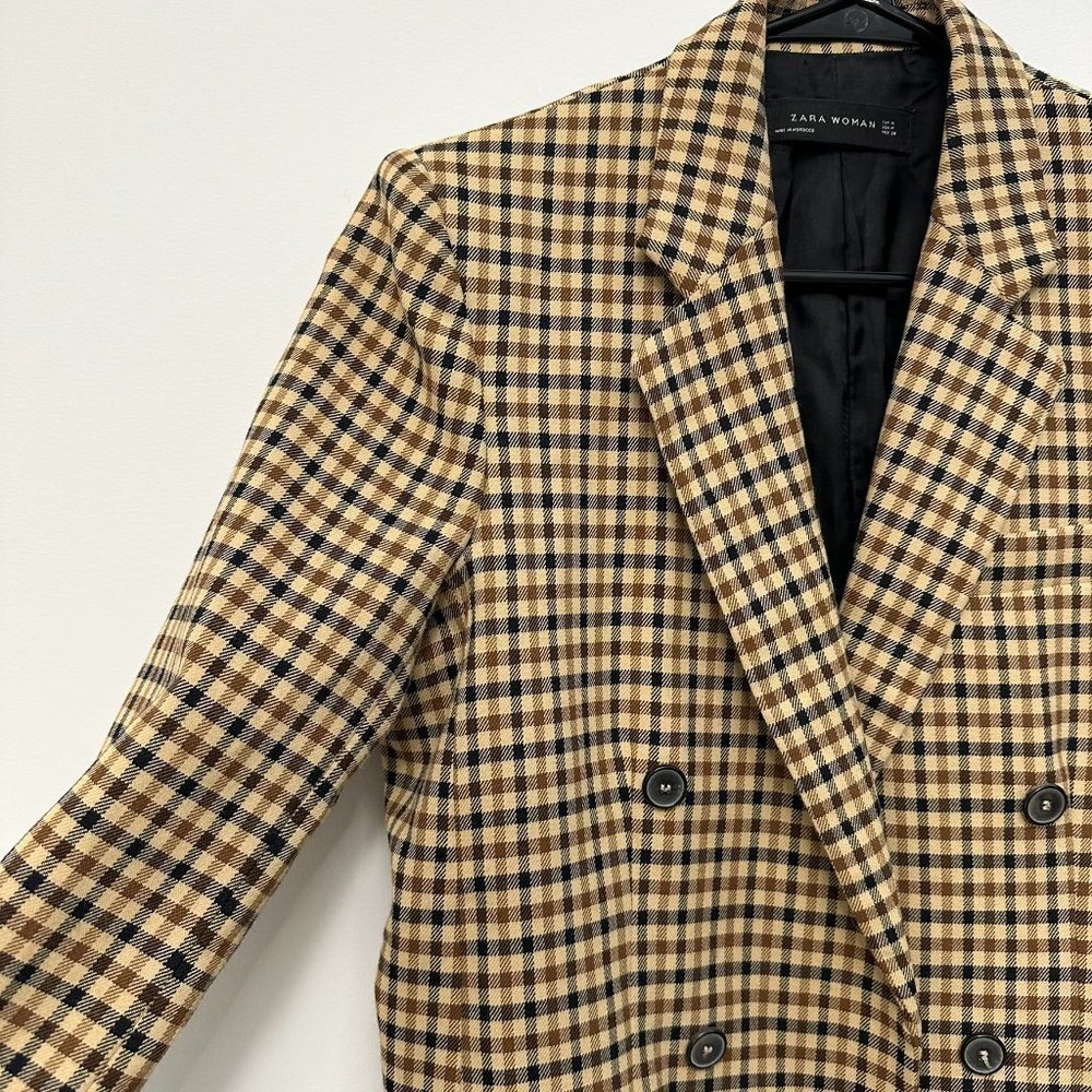 Zara Woman Double Breasted Plaid Blazer Brown Tan Academia Preppy Medium - Picture 4 of 16